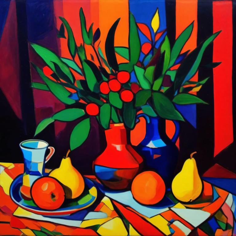 Fauvism,Fauvism, Still life, still life, no humans, food, fruit, cup, plate, plant, leaf, food focus