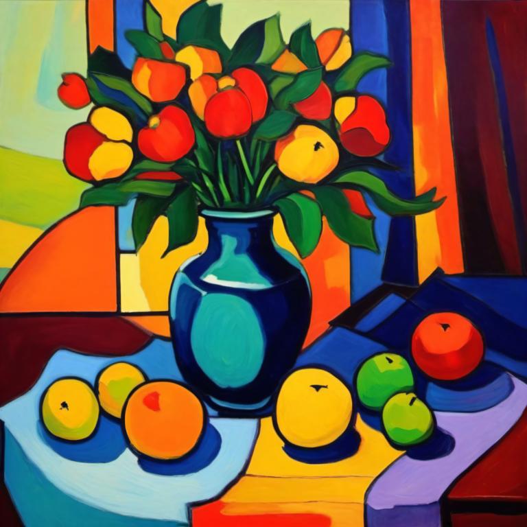 Fauvism,Fauvism, Still life, still life, no humans, food, fruit, vase, plant, indoors, potted plant, table