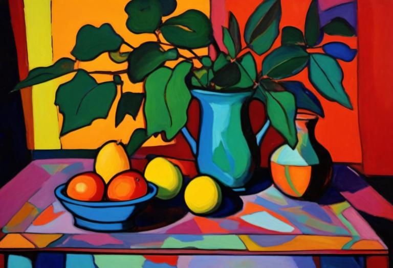 Fauvism,Fauvism, Still life, still life, no humans, fruit, plant, food, potted plant, leaf, solo, table