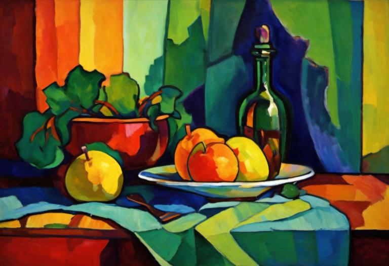 Fauvism,Fauvism, Still life, still life, no humans, food, fruit, bottle, apple, still life, food focus, plate