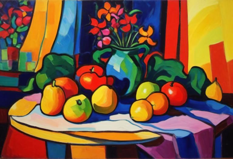 Fauvism,Fauvism, Still life, still life, fruit, no humans, food, flower, apple, still life, table, vase