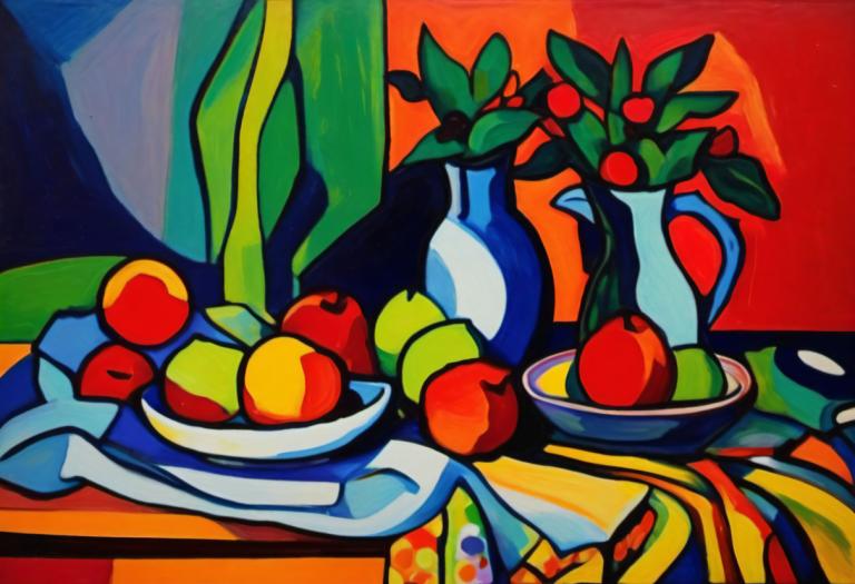 Fauvism,Fauvism, Still life, still life, food, no humans, fruit, solo, still life, plate, leaf, plant