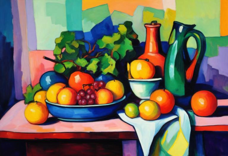 Fauvism,Fauvism, Still life, still life, no humans, food, fruit, table, tree, solo, cup, pokemon (creature)