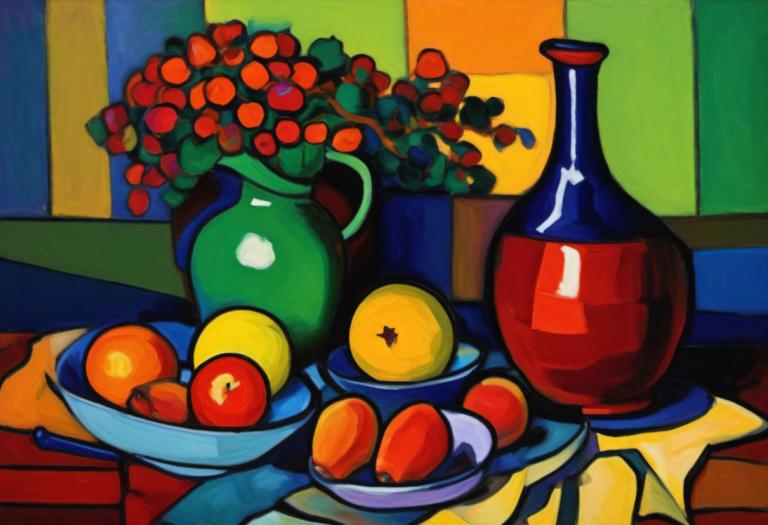 Fauvism,Fauvism, Still life, still life, food, no humans, fruit, bottle, solo, plant, wine bottle, indoors