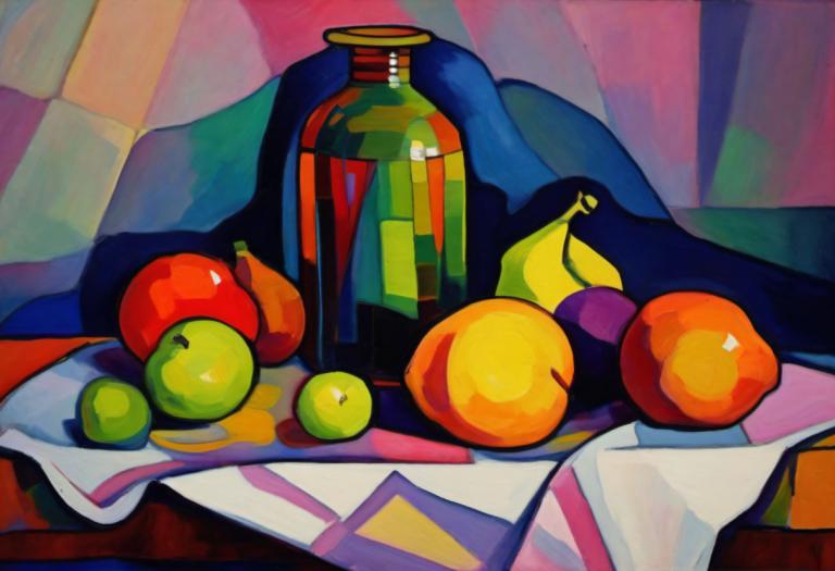 Fauvism,Fauvism, Still life, still life, fruit, food, no humans, apple, bottle, solo, food focus, blanket