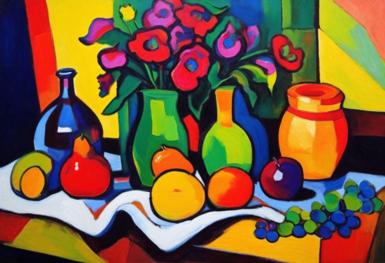 Fauvism,Fauvism, Still life, still life, fruit, food, no humans, grapes, leaf, bottle, plant, berry, flower