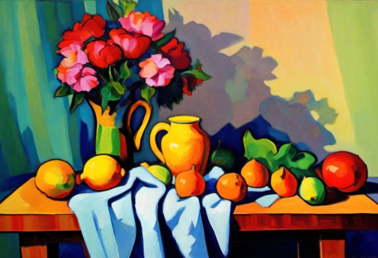 Fauvism,Fauvism, Still life, still life, no humans, flower, fruit, pink flower, curtains, food, table, vase