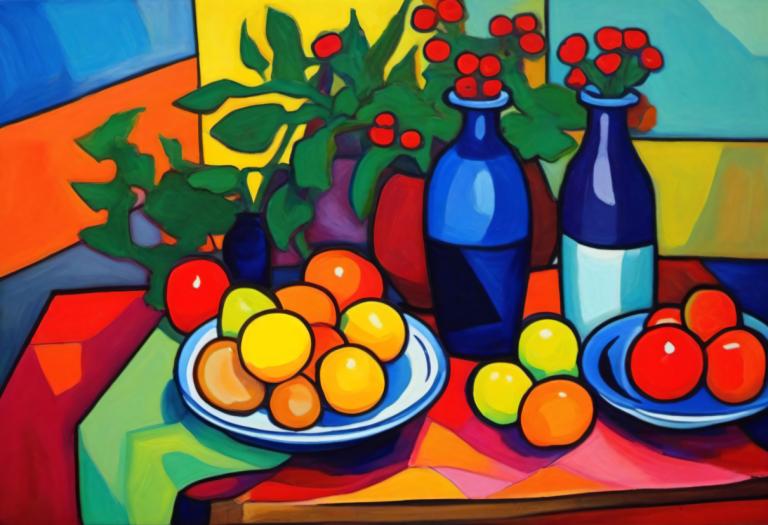 Fauvism,Fauvism, Still life, still life, no humans, food, bottle, fruit, table, plate, plant, still life