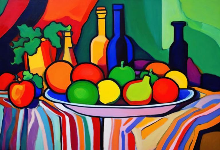 Fauvism,Fauvism, Still life, still life, no humans, food, fruit, bottle, food focus, tablecloth, apple