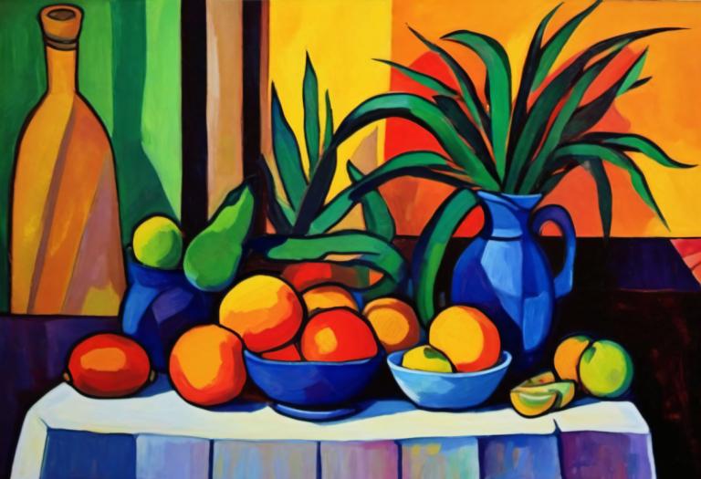 Fauvism,Fauvism, Still life, still life, no humans, fruit, food, bowl, solo, plant, pokemon (creature), bottle