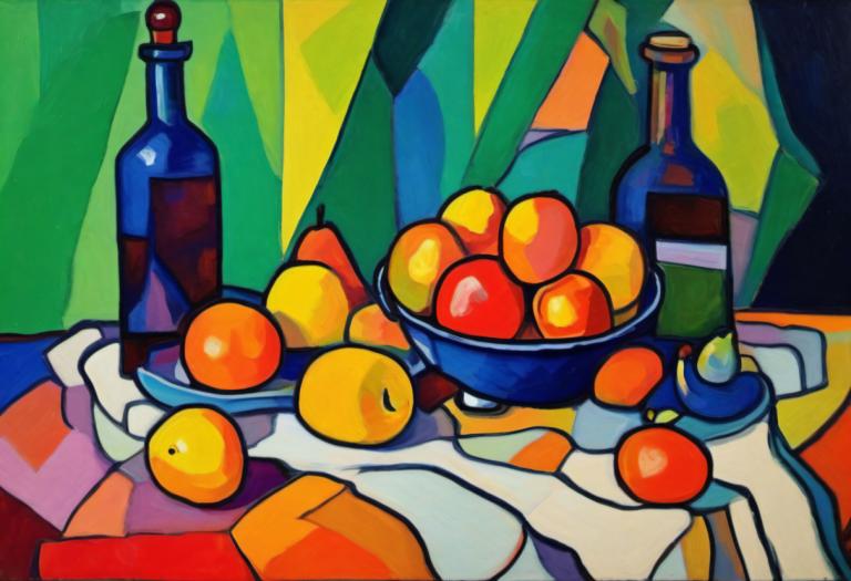 Fauvism,Fauvism, Still life, still life, solo, bottle, fruit, no humans, food, orange (fruit)