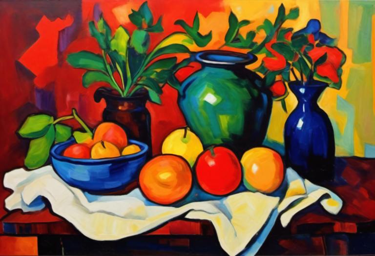 Fauvism,Fauvism, Still life, still life, no humans, fruit, food, plant, still life, potted plant, apple, vase