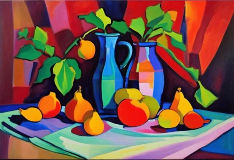 Fauvism,Fauvism, Still life, still life, fruit, food, no humans, leaf, plant, plate, food focus, still life