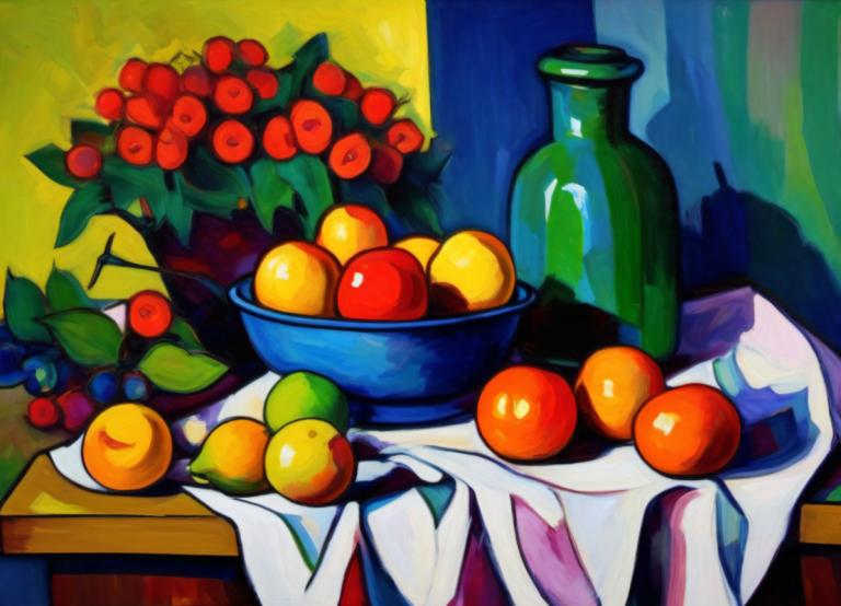 Fauvism,Fauvism, Still life, still life, no humans, fruit, food, solo, plant, bottle, berry, bowl, grapes