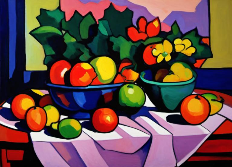 Fauvism,Fauvism, Still life, still life, no humans, food, fruit, potted plant, plant, flower pot, indoors