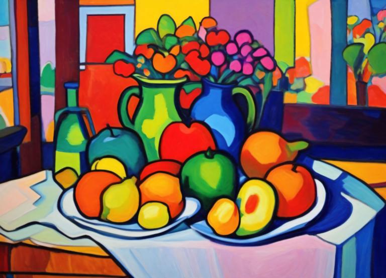 Fauvism,Fauvism, Still life, still life, fruit, food, no humans, flower, plant, table, vase, indoors, solo