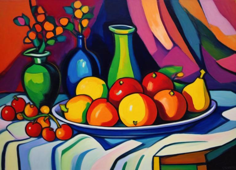 Fauvism,Fauvism, Still life, still life, no humans, fruit, food, still life, apple, vase, food focus, plate