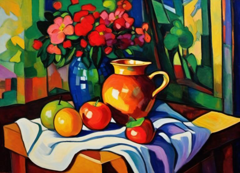 Fauvism,Fauvism, Still life, still life, fruit, food, flower, apple, no humans, red flower, window, solo