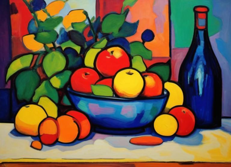 Fauvism,Fauvism, Still life, still life, fruit, food, no humans, bottle, bowl, solo, indoors, food focus