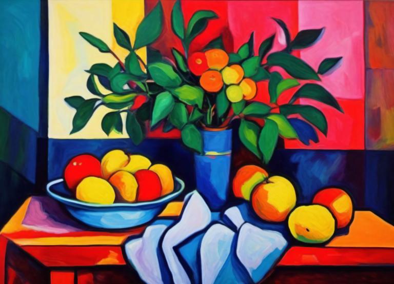 Fauvism,Fauvism, Still life, still life, food, fruit, plant, no humans, potted plant, traditional media, leaf