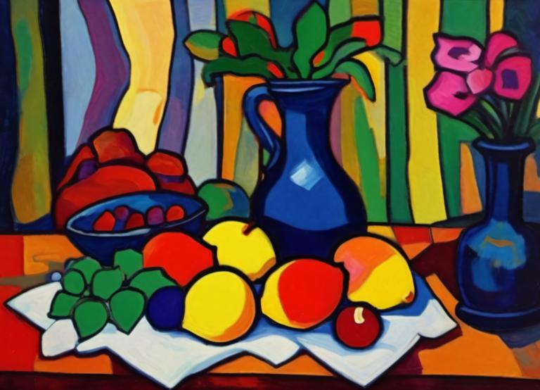 Fauvism,Fauvism, Still life, still life, no humans, food, flower, fruit, vase, plant, indoors, potted plant