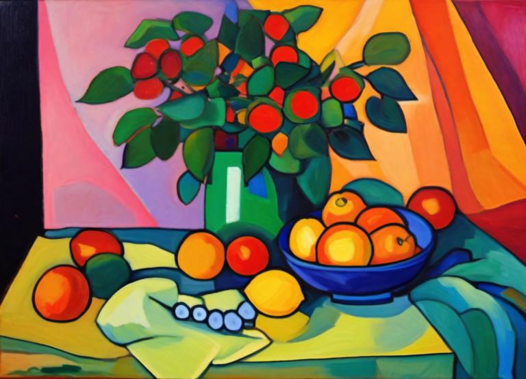 Fauvism,Fauvism, Still life, still life, fruit, food, no humans, solo, leaf, bowl, plant, beads