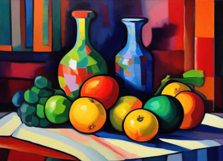 Fauvism,Fauvism, Still life, still life, fruit, food, no humans, bottle, apple, food focus, indoors, solo