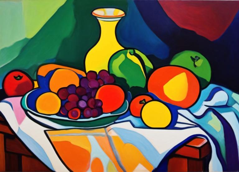 Fauvism,Fauvism, Still life, still life, food, fruit, no humans, grapes, apple, food focus, plate, solo