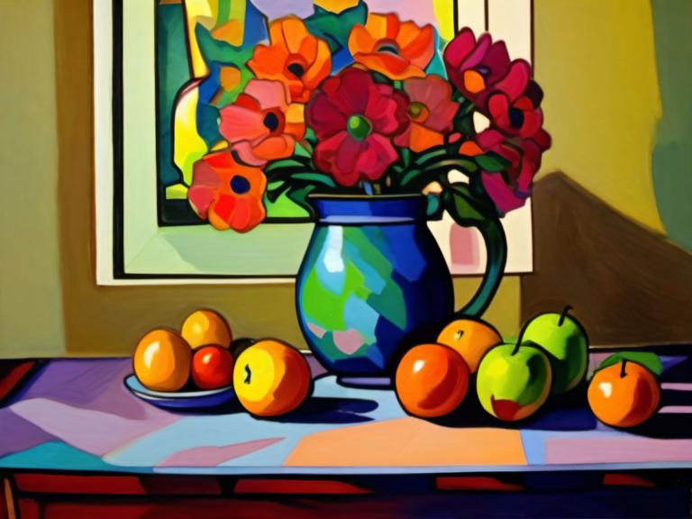 Fauvism,Fauvism, Still life, still life, fruit, no humans, food, flower, apple, vase, still life, red flower