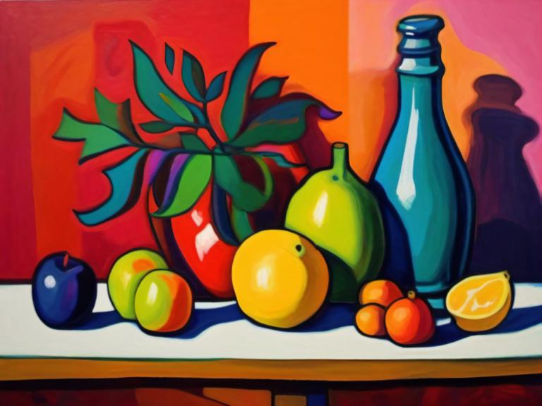 Fauvism,Fauvism, Still life, still life, fruit, food, no humans, bottle, table, solo, food focus, lemon