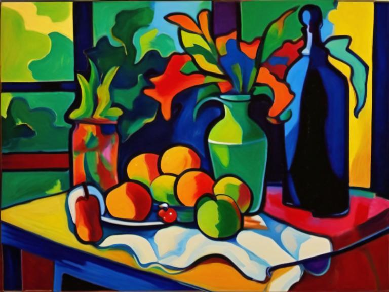 Fauvism,Fauvism, Still life, still life, food, no humans, fruit, window, bottle, table, indoors, food focus