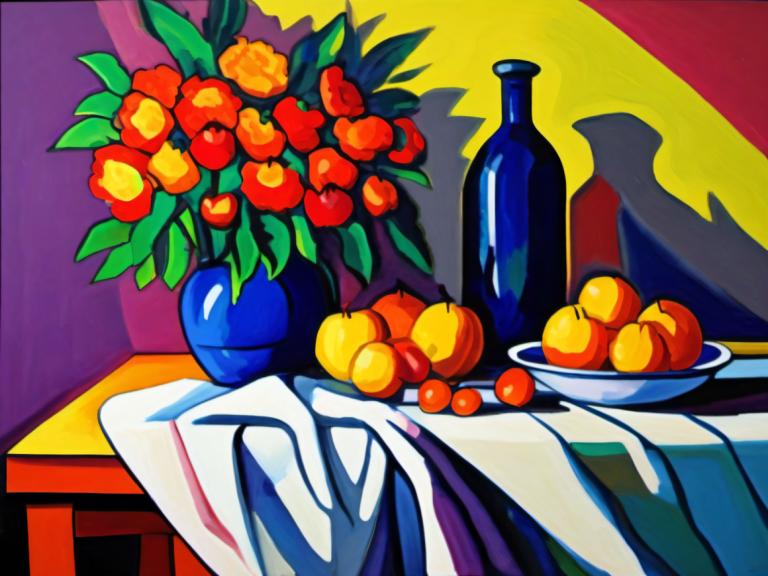 Fauvism,Fauvism, Still life, still life, fruit, food, no humans, grapes, shadow, flower, vase, table