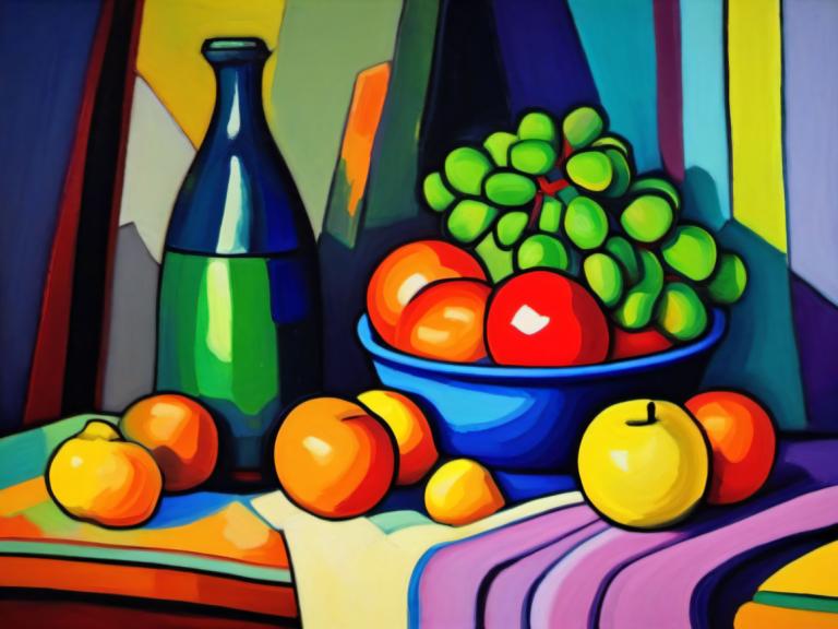 Fauvism,Fauvism, Still life, still life, food, fruit, no humans, bottle, indoors, apple, solo, still life