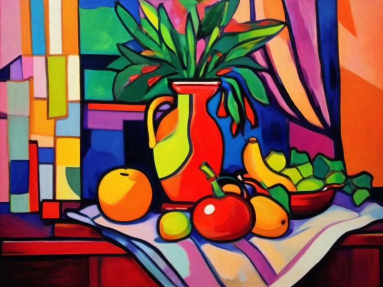 Fauvism,Fauvism, Still life, still life, fruit, food, no humans, plant, banana, potted plant, indoors