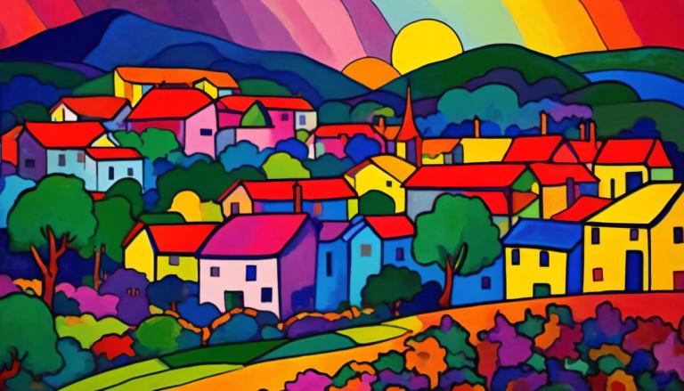 Fauvism,Fauvism, Village, village, no humans, tree, outdoors, mountain, scenery, house, building, sun, sky