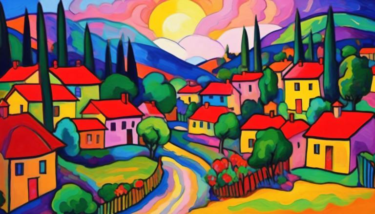 Fauvism,Fauvism, Village, village, no humans, cloud, tree, outdoors, sun, sky, scenery, house, rainbow