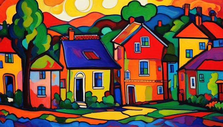 Fauvism,Fauvism, Village, village, no humans, tree, house, outdoors, window, building, sunset, bush, grass