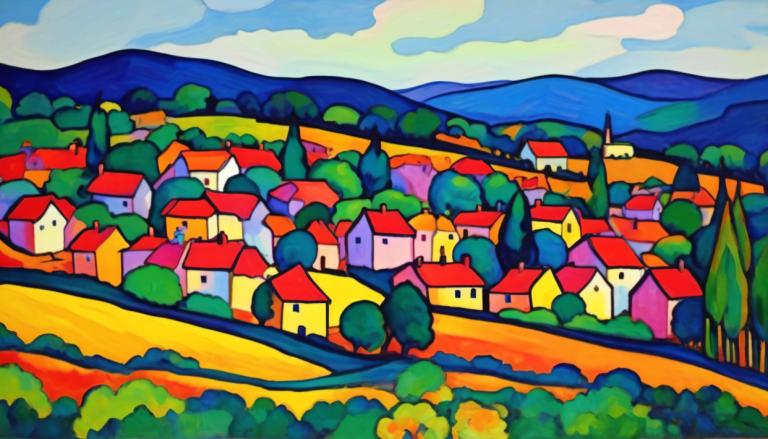 Fauvism,Fauvism, Village, village, cloud, outdoors, sky, day, mountain, blue sky, tree, scenery, no humans