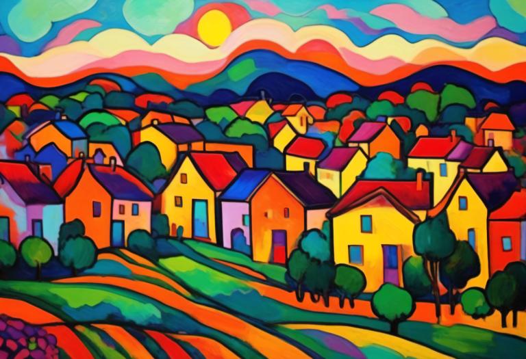 Fauvism,Fauvism, Village, village, no humans, tree, cloud, outdoors, sky, house, building, scenery, colorful