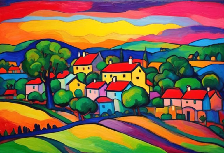 Fauvism,Fauvism, Village, village, no humans, tree, outdoors, colorful, traditional media, cloud, scenery