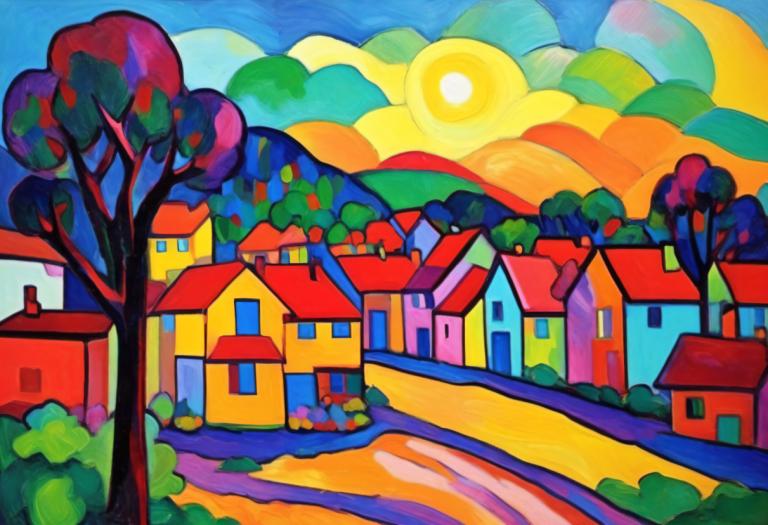 Fauvism,Fauvism, Village, village, tree, no humans, outdoors, cloud, building, traditional media, sun, sky