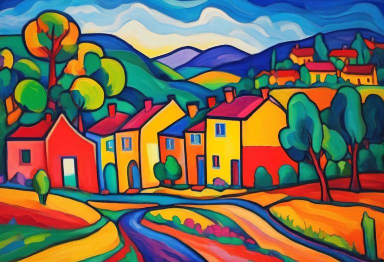 Fauvism,Fauvism, Village, village, no humans, cloud, outdoors, sky, tree, house, grass, mountain, scenery