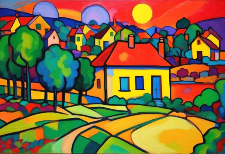 Fauvism,Fauvism, Village, village, no humans, outdoors, tree, house, building, sky, cloud, colorful, sun