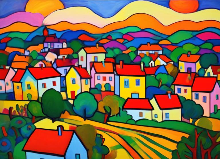 Fauvism,Fauvism, By, by, inga människor, träd, färgrik, regnbåge, utomhus, moln, Sol, himmel, byggnad, hus