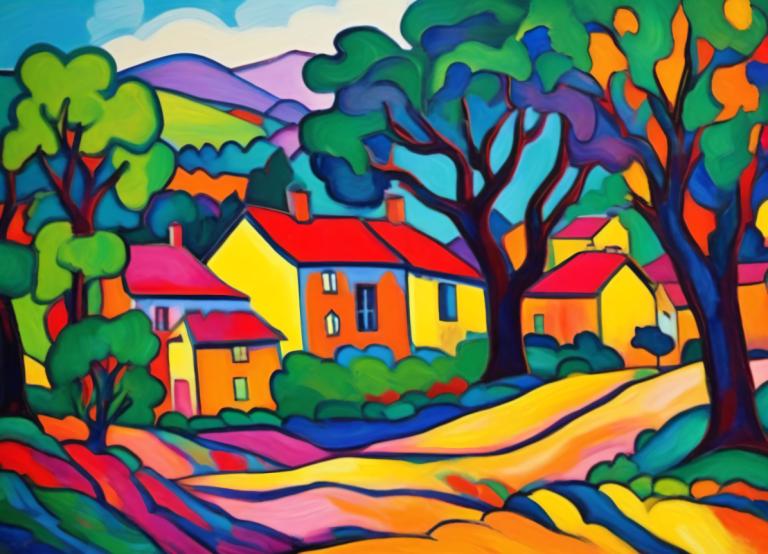 Fauvism,Fauvism, Village, village, no humans, tree, outdoors, sky, cloud, house, day, blue sky, scenery