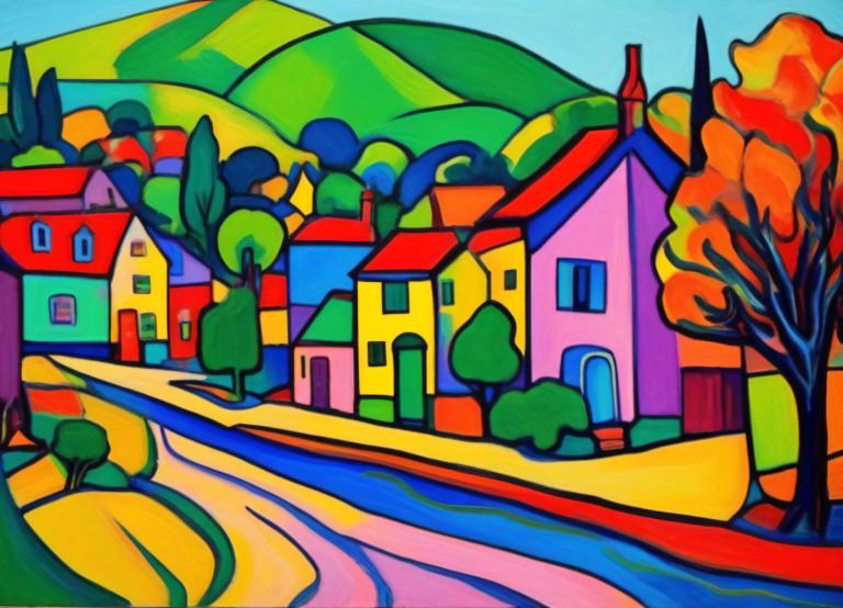 Fauvism,Fauvism, Village, village, tree, no humans, outdoors, house, day, building, sky, blue sky, colorful