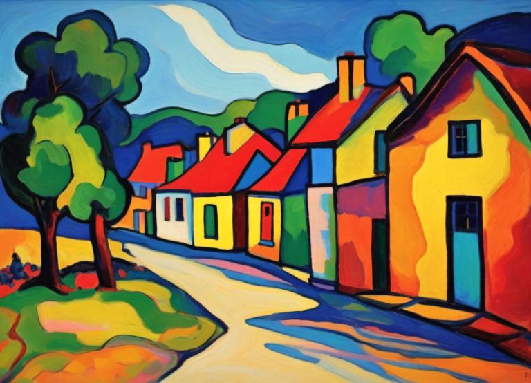 Fauvism,Fauvism, Village, village, no humans, tree, outdoors, house, sky, day, blue sky, pokemon (creature)