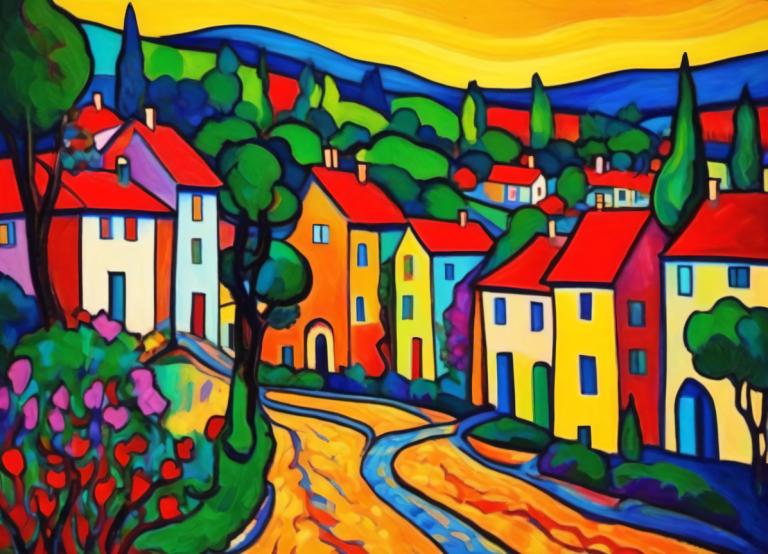 Fauvism,Fauvism, Village, village, no humans, tree, outdoors, building, house, traditional media, scenery