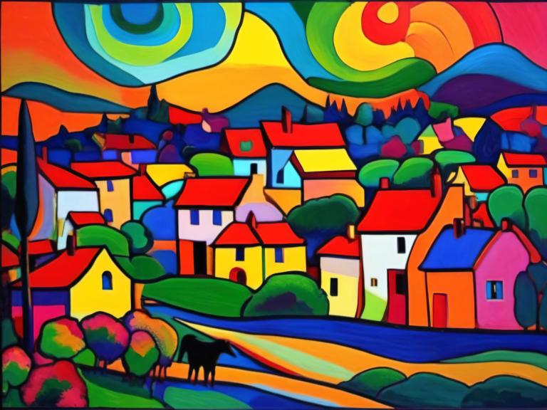 Fauvisme,Fauvisme, Village, village, pas d'humains, coloré, en plein air, arbre, maison, paysage, bâtiment