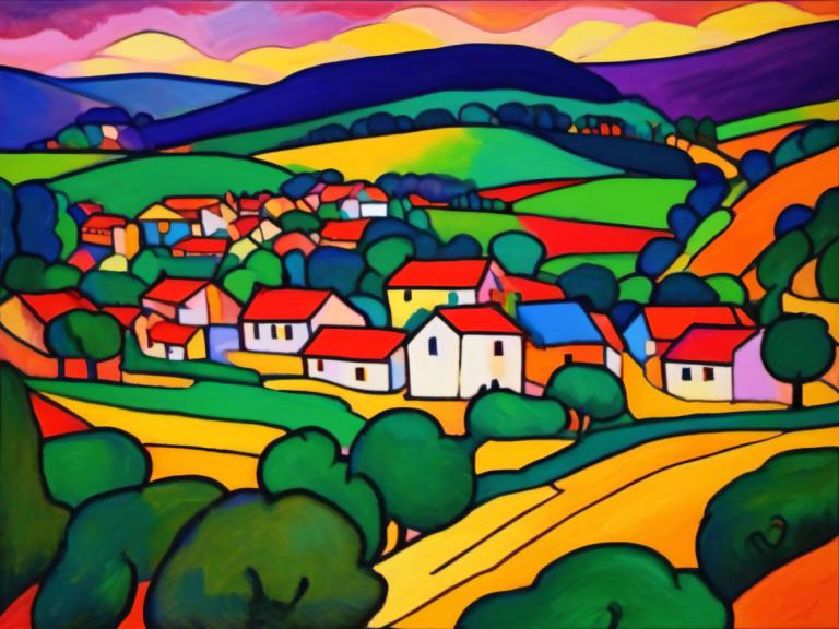 Fauvism,Fauvism, Village, village, no humans, outdoors, cloud, sky, scenery, tree, house, sunset, mountain